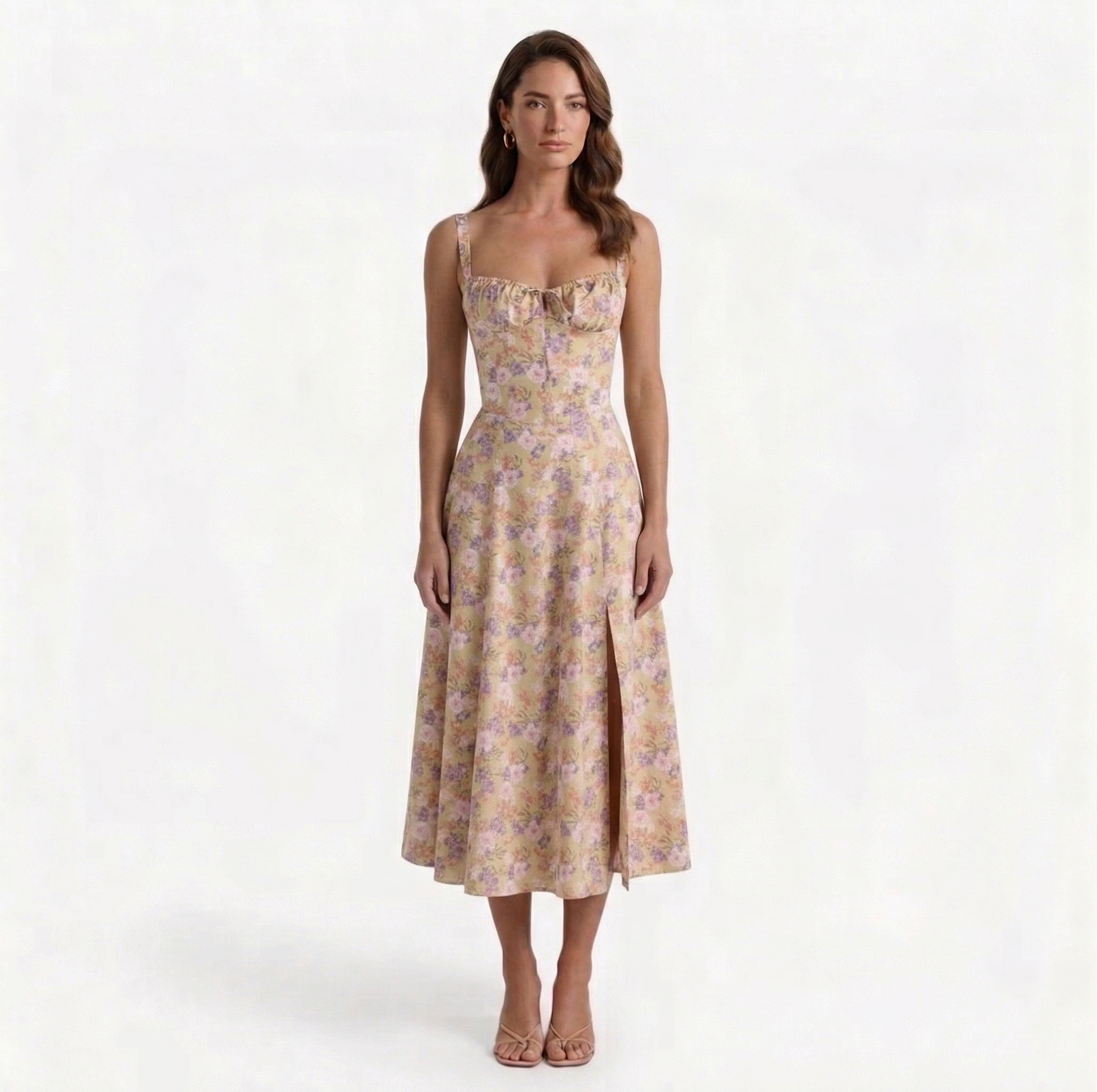 Monvaline | Women’s Summer Corset Midi Dress Slim Fit Floral Lightweight