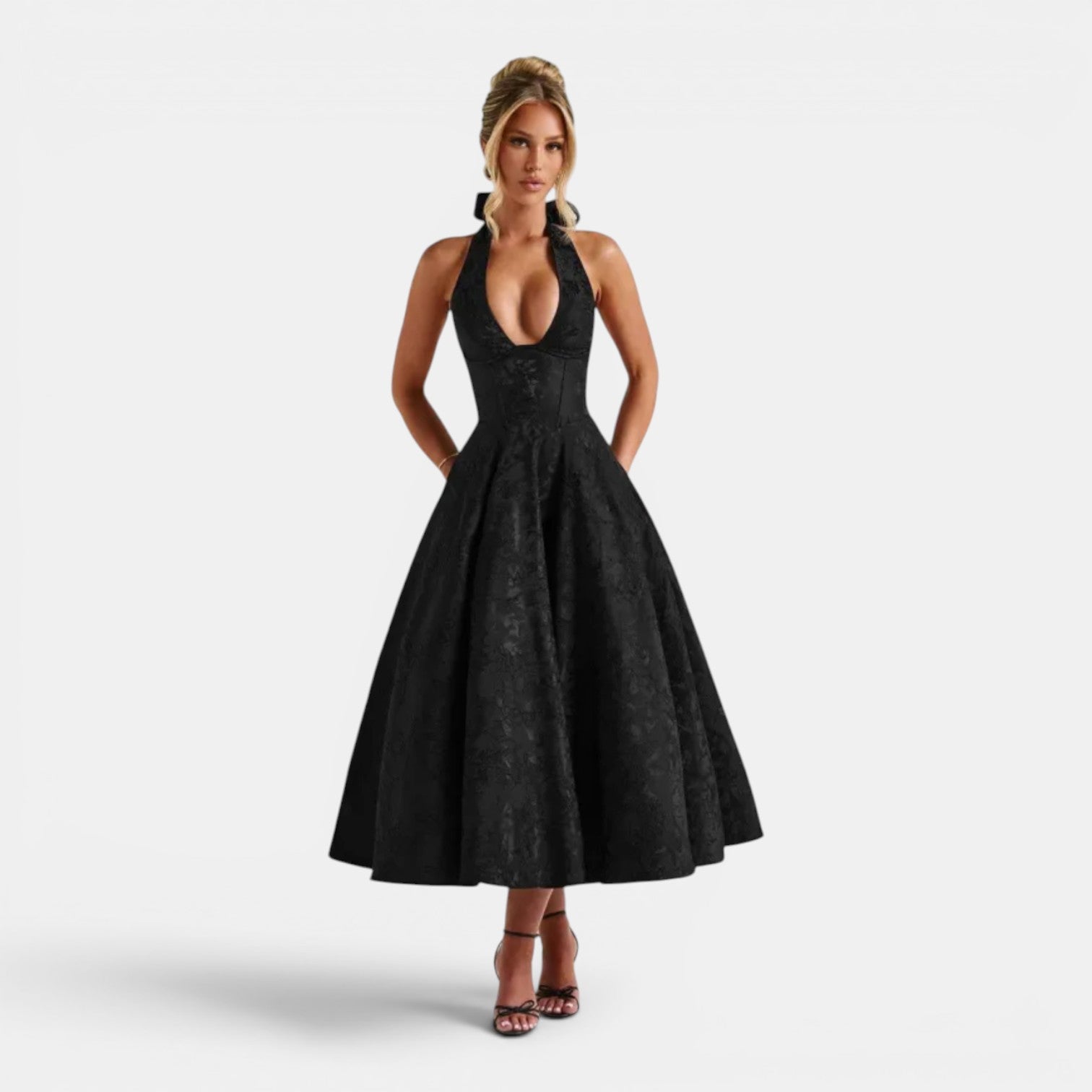 Monvaline | Women's Wedding Guest Jacquard Midi Dress Halter Neck V-Neck