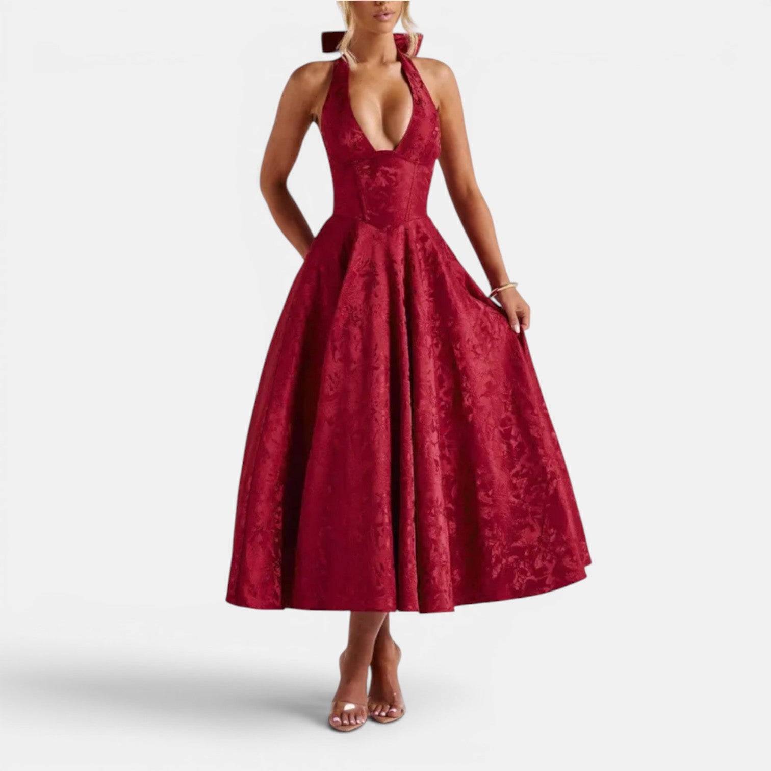 Monvaline | Women's Wedding Guest Jacquard Midi Dress Halter Neck V-Neck