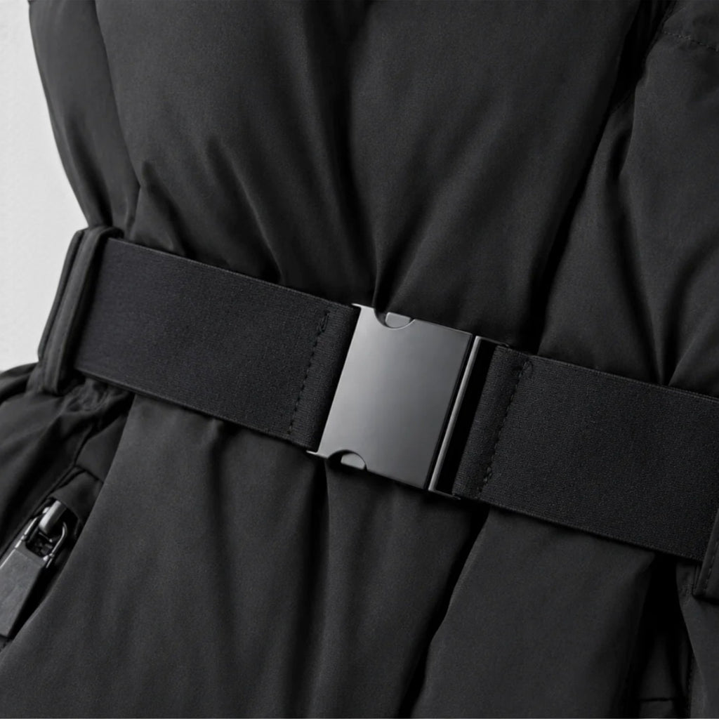 Monvaline | Women’s Hooded Puffer Jacket – Belted Waist & Cold-Weather Warmth