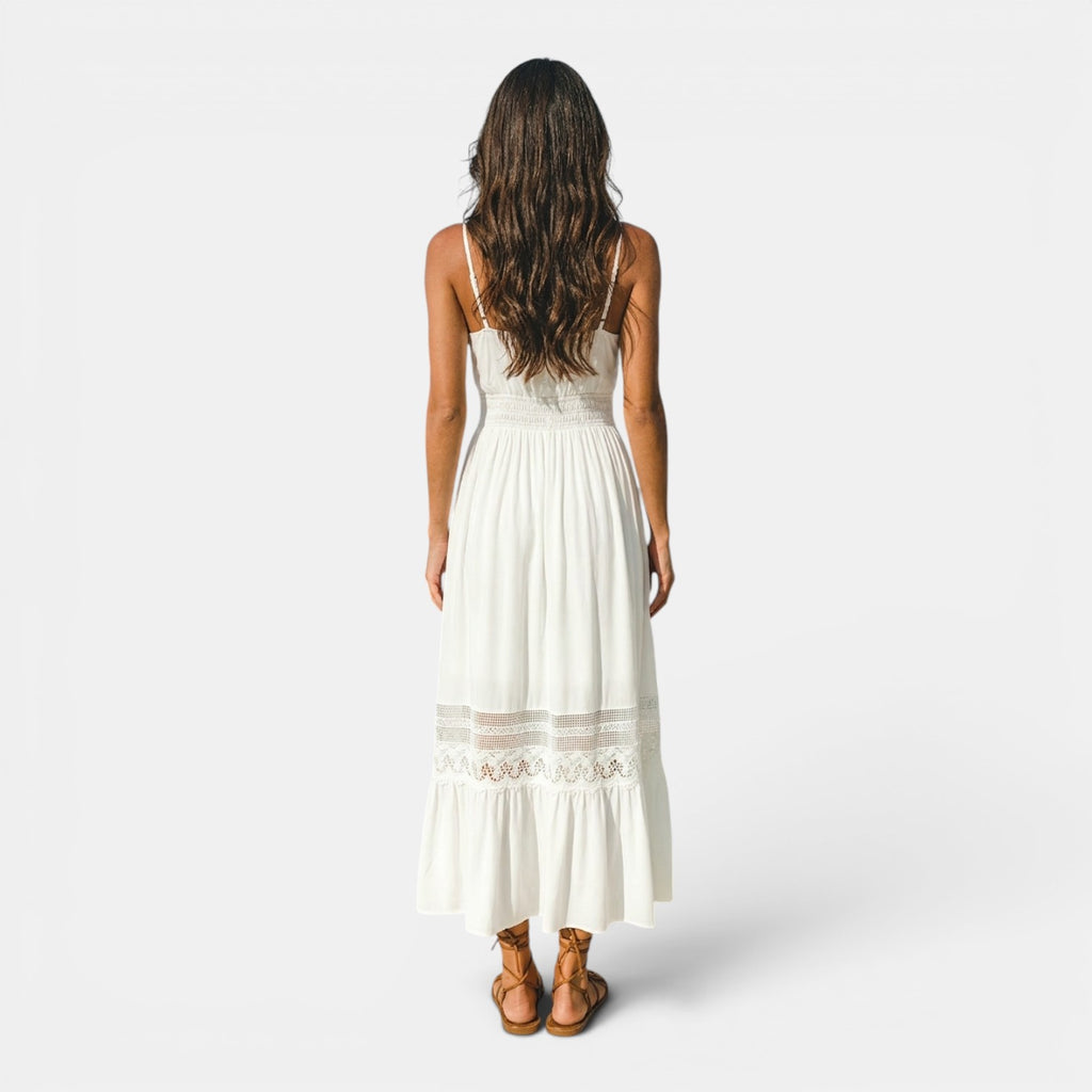 Monvaline | Women's White Rayon Maxi Dress V-Neck Sleeveless Elegant