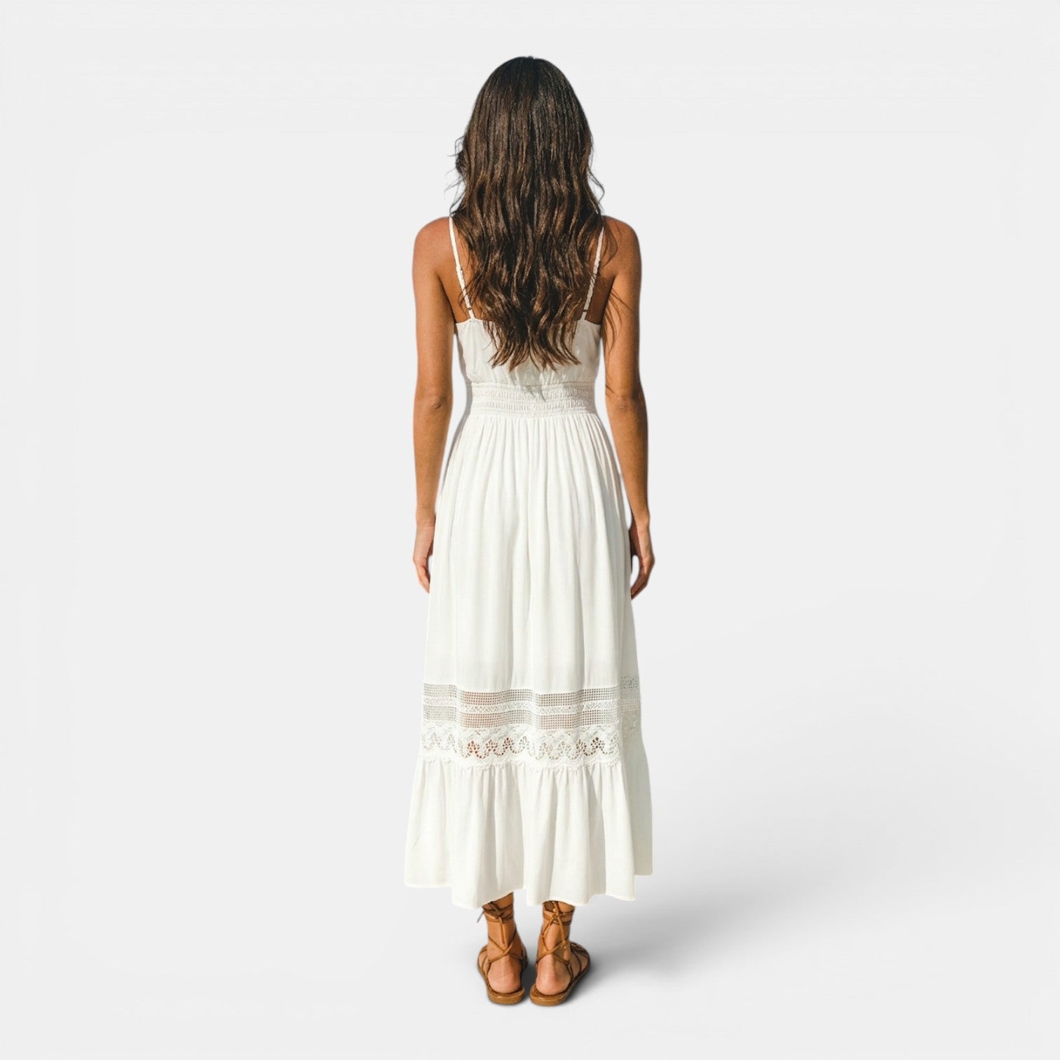 Monvaline | Women's White Rayon Maxi Dress V-Neck Sleeveless Elegant