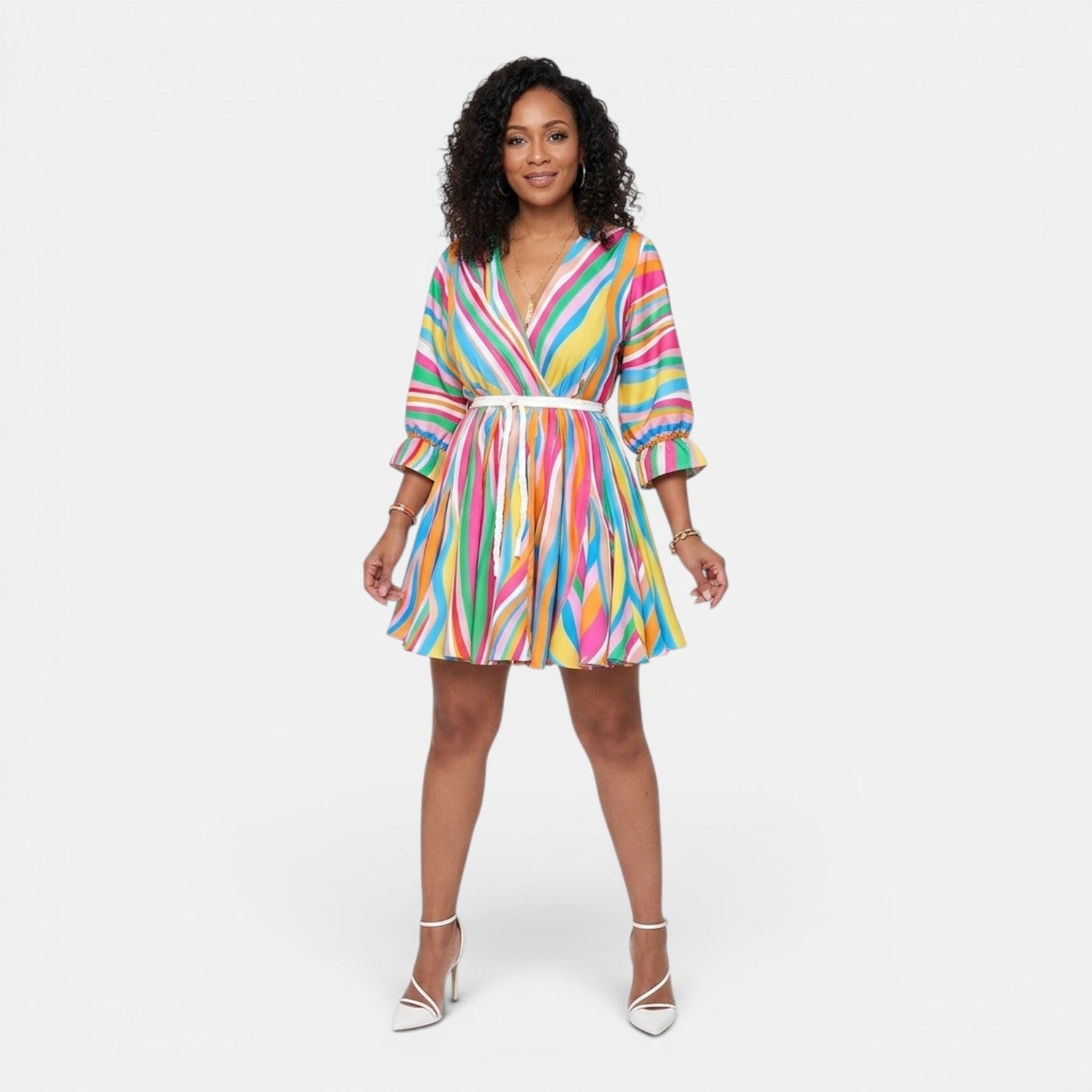 Monvaline | Women’s Belted Stripe Swing Dress