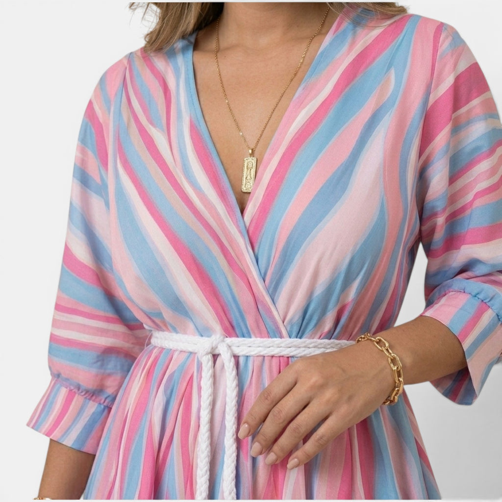 Monvaline | Women’s Belted Stripe Swing Dress