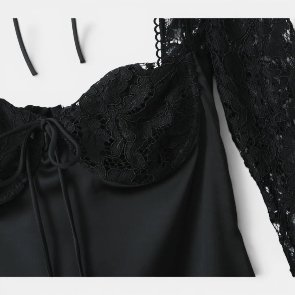 Monvaline | Women’s Black Lace Sleeve Mini Dress for Evening Events
