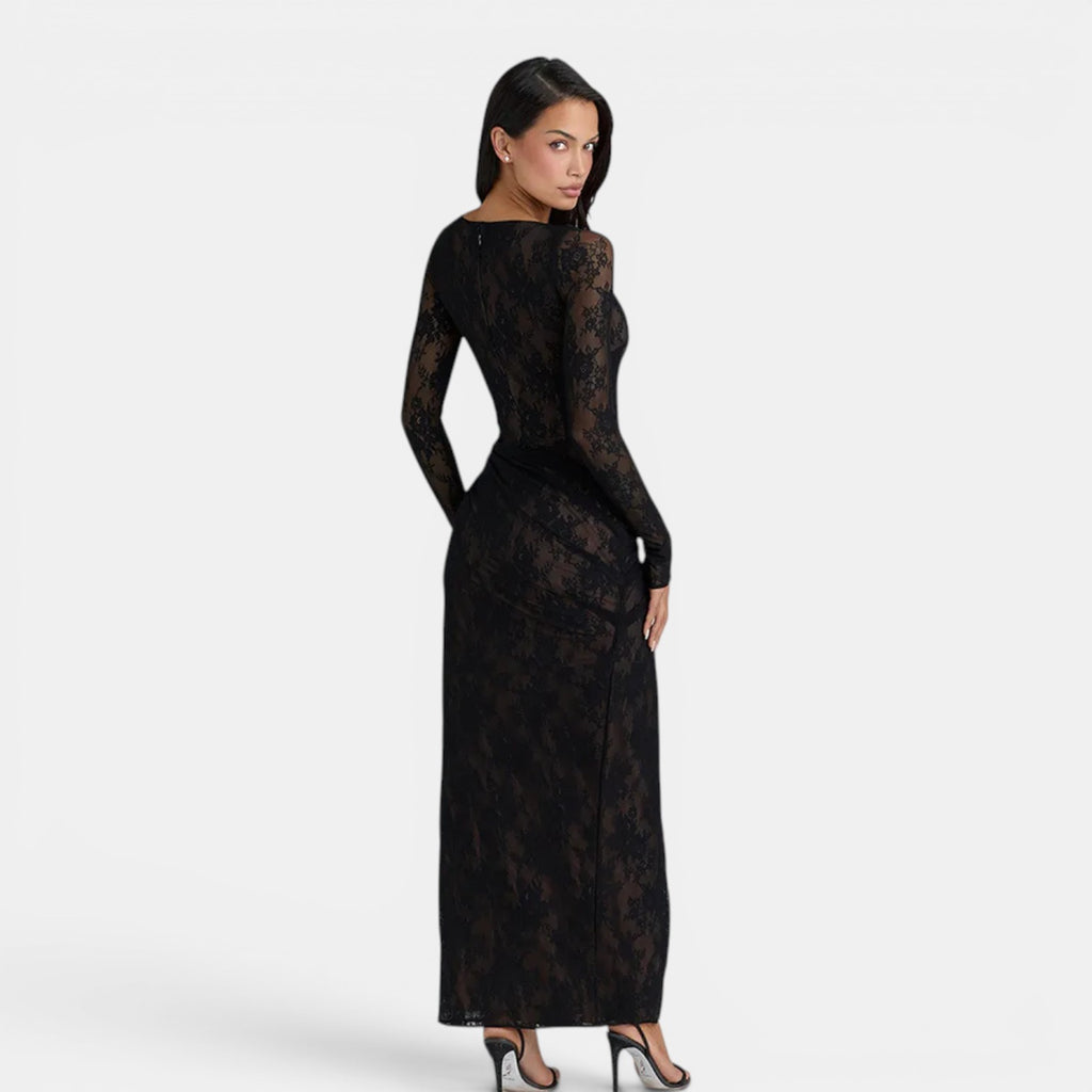 Monvaline | Women’s Black Sheer Maxi Dress – Elegant Lace Side Split