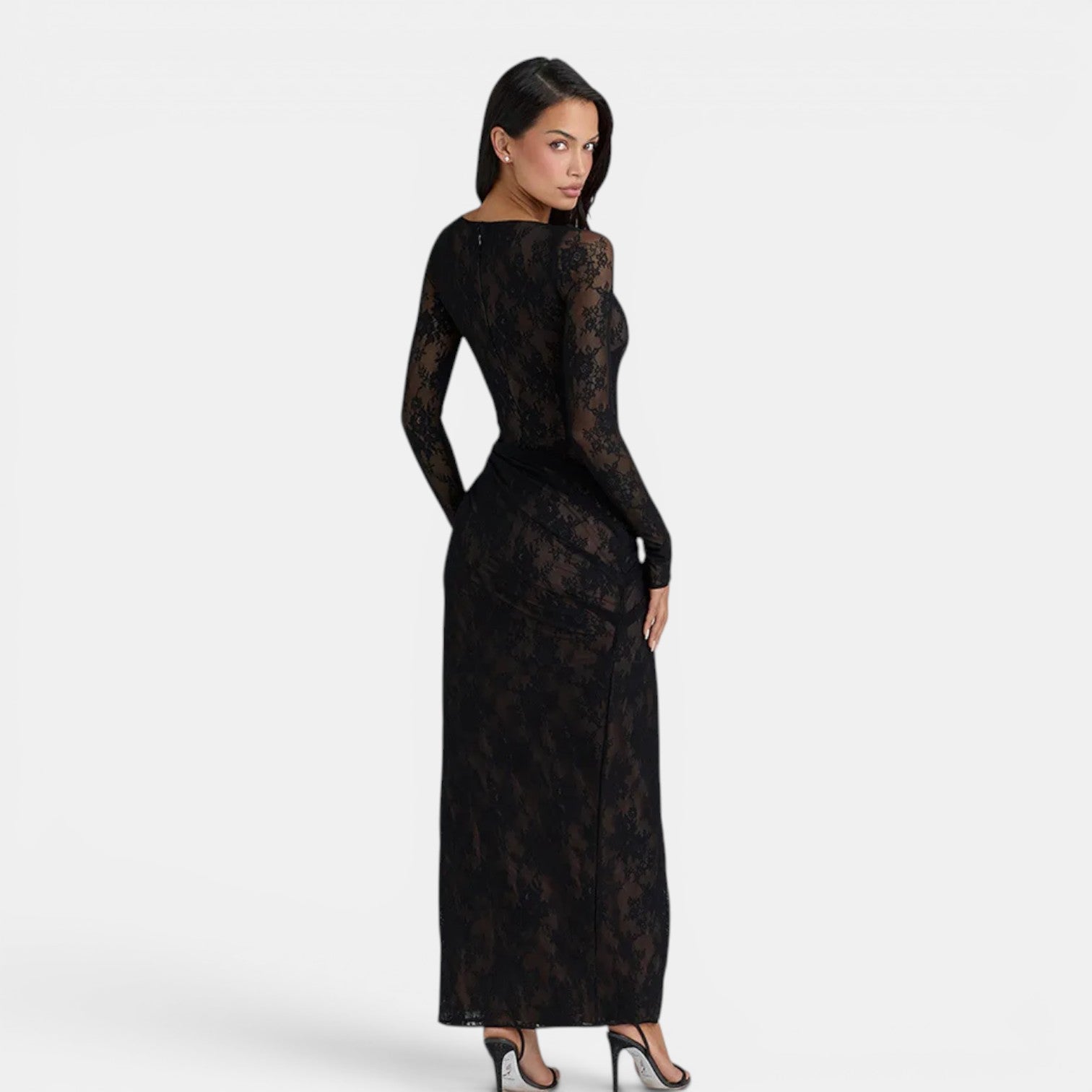 Monvaline | Women’s Black Sheer Maxi Dress – Elegant Lace Side Split