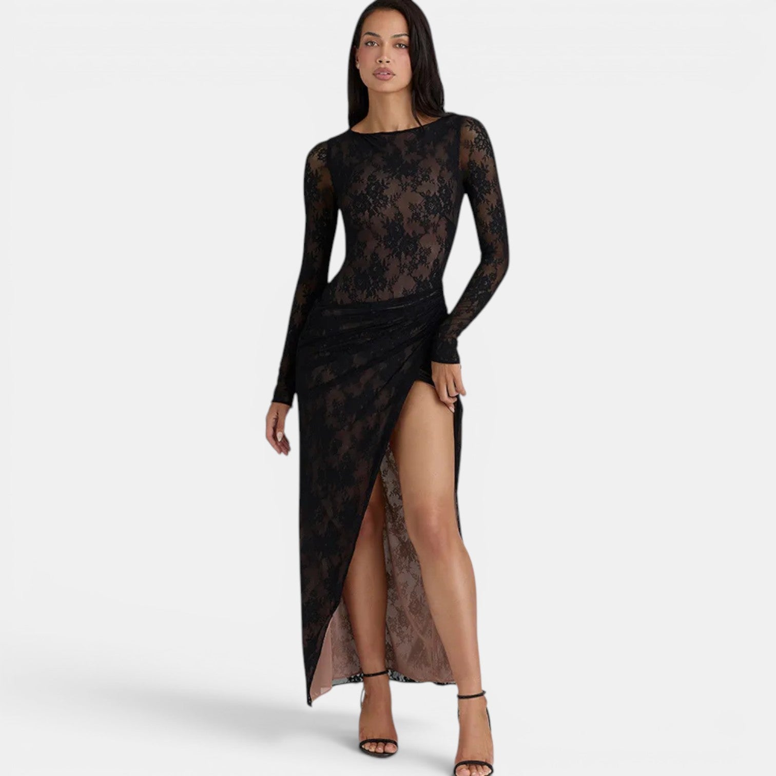 Monvaline | Women’s Black Sheer Maxi Dress – Elegant Lace Side Split