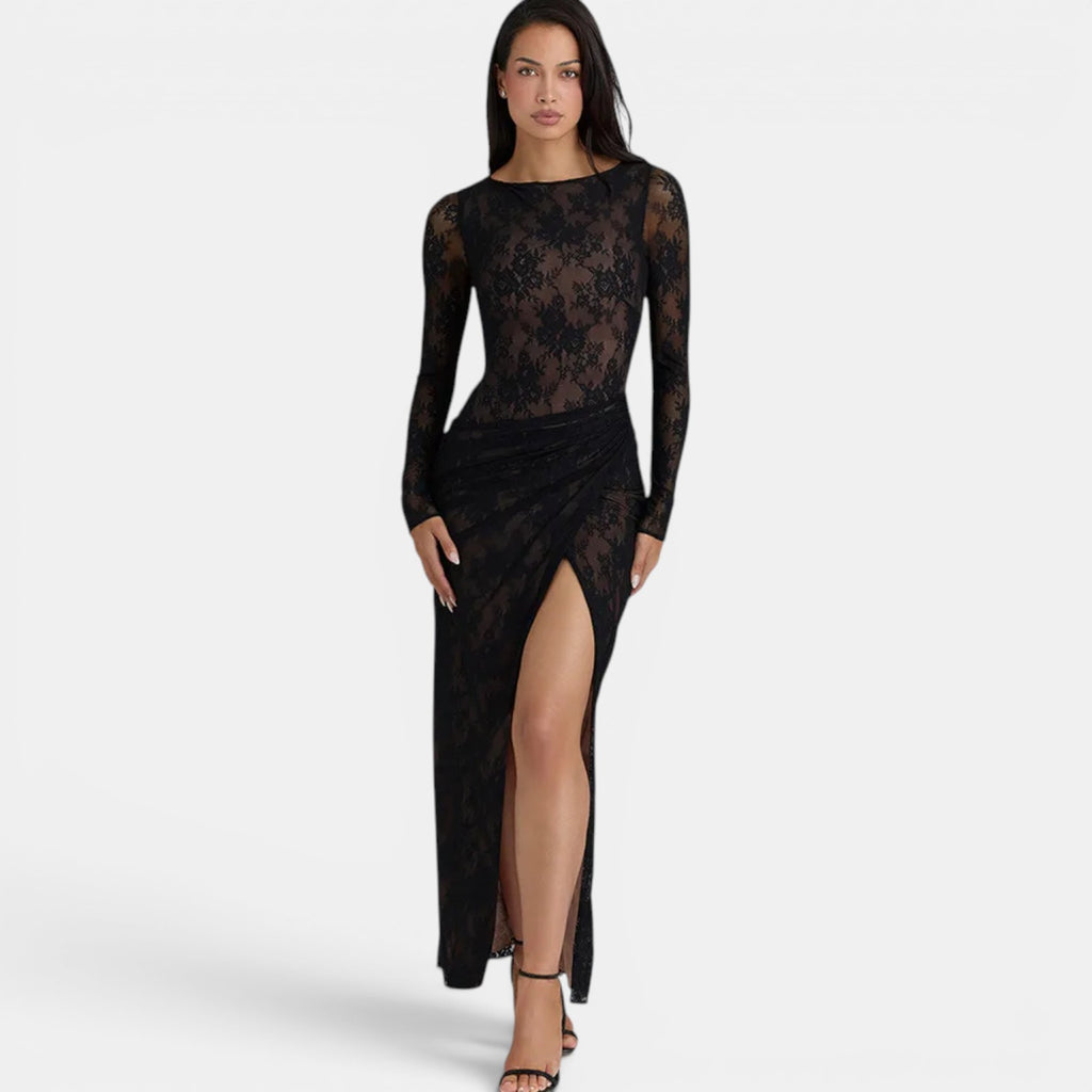 Monvaline | Women’s Black Sheer Maxi Dress – Elegant Lace Side Split