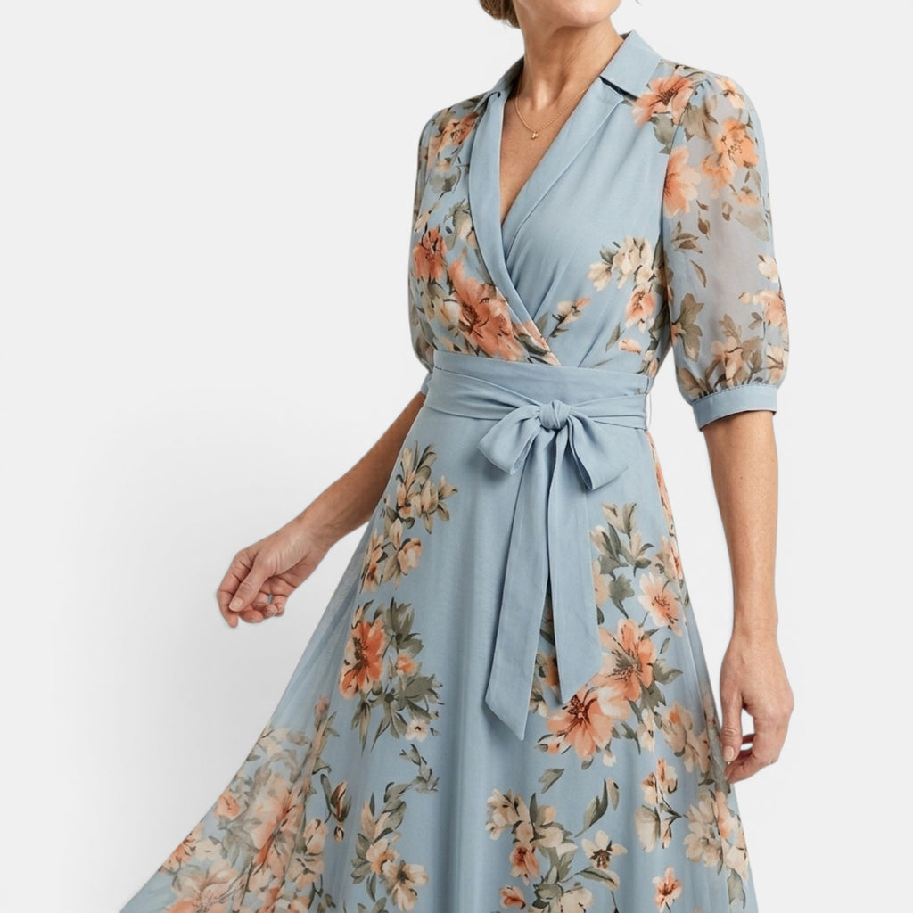 Monvaline | Women's Blue Floral Maxi Dress for Summer Holidays