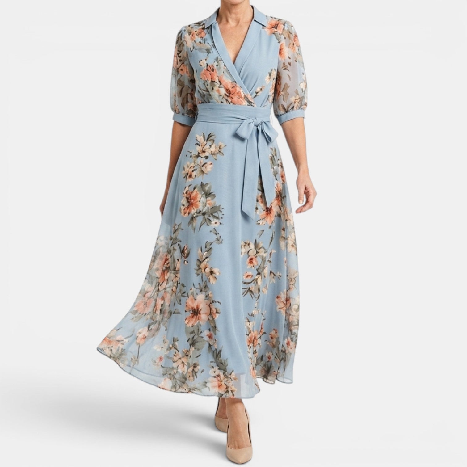 Monvaline | Women's Blue Floral Maxi Dress for Summer Holidays