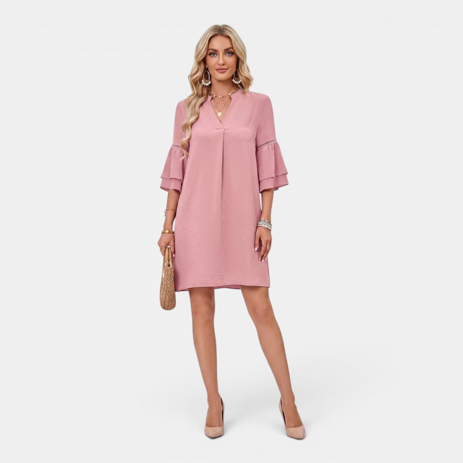 Monvaline | Women’s Elegant Midi Dress – Loose V-Neck Summer Style