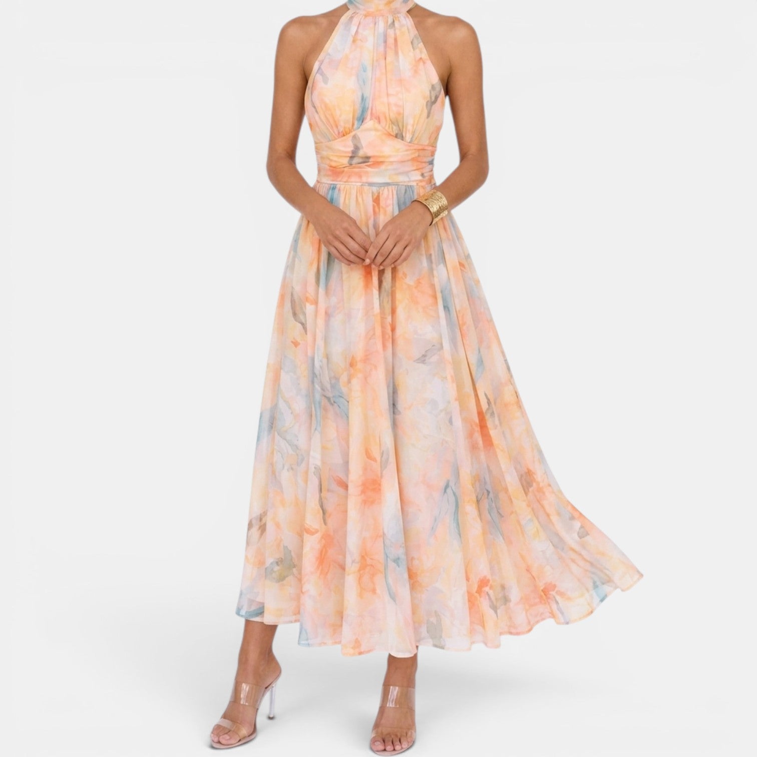 Monvaline | Women's Floral Maxi Dress for Holidays Sleeveless Halter Neck