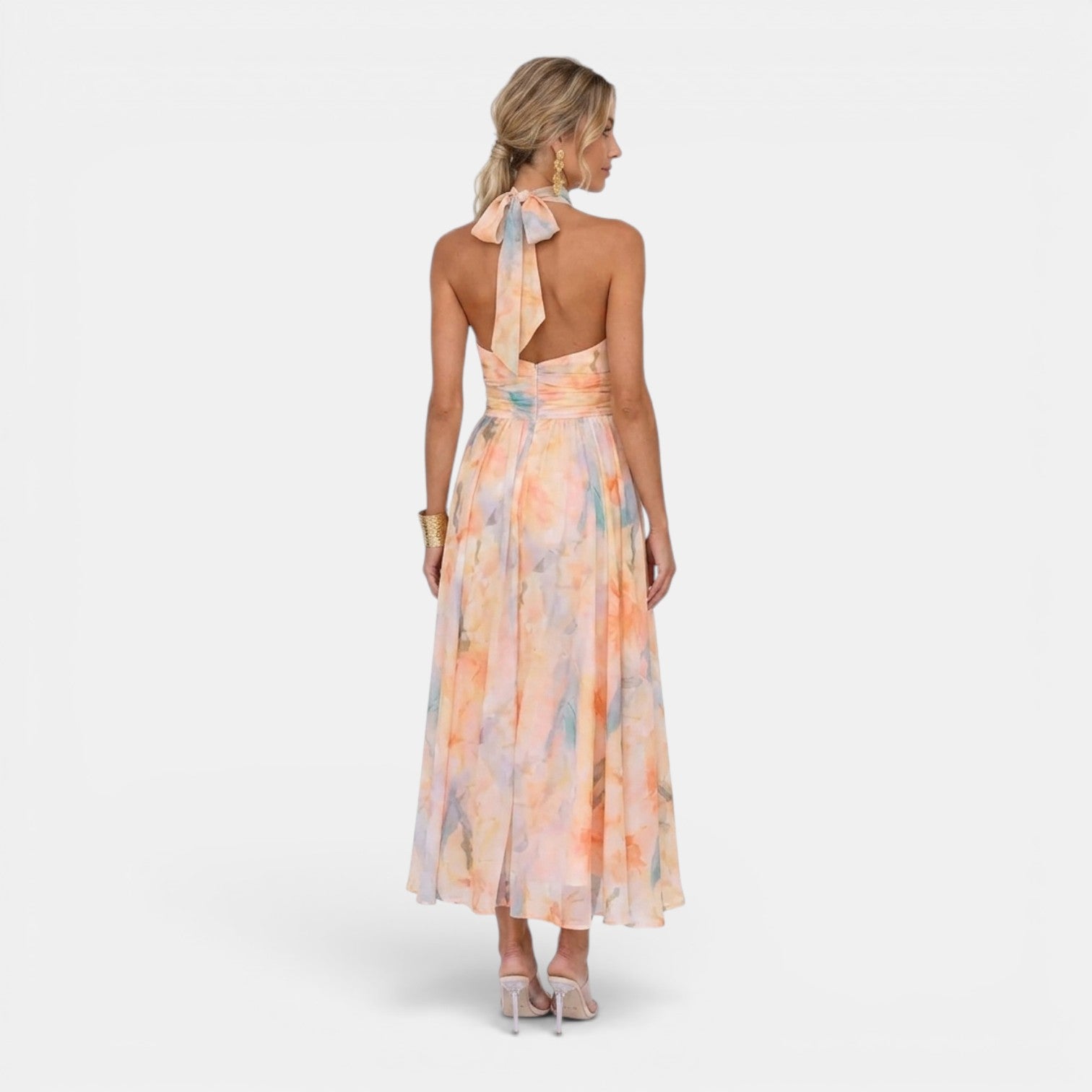 Monvaline | Women's Floral Maxi Dress for Holidays Sleeveless Halter Neck