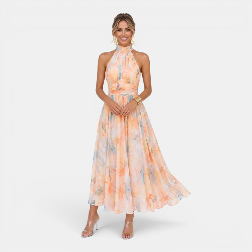 Monvaline | Women's Floral Maxi Dress for Holidays Sleeveless Halter Neck