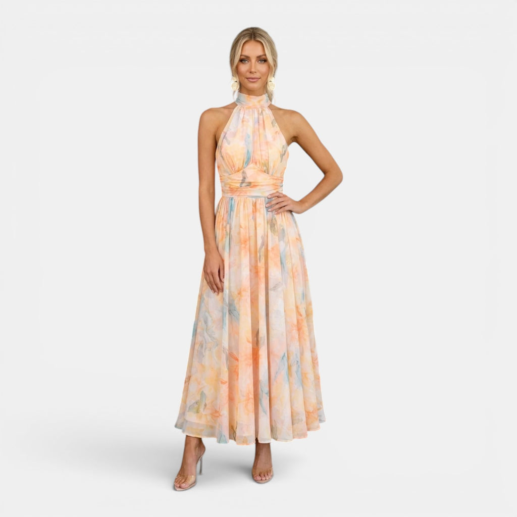Monvaline | Women's Floral Maxi Dress for Holidays Sleeveless Halter Neck