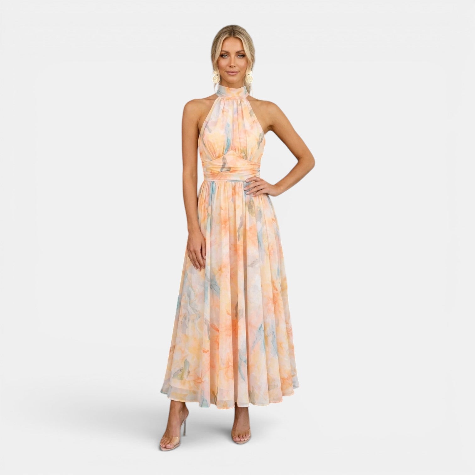Monvaline | Women's Floral Maxi Dress for Holidays Sleeveless Halter Neck