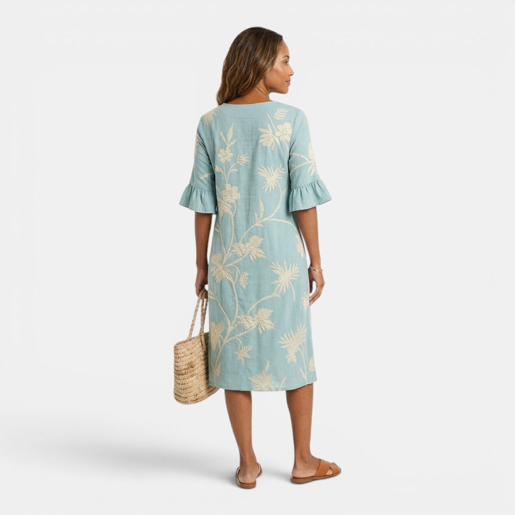 Monvaline | Women’s Holiday Midi Dress – Loose V-Neck Summer Outfit