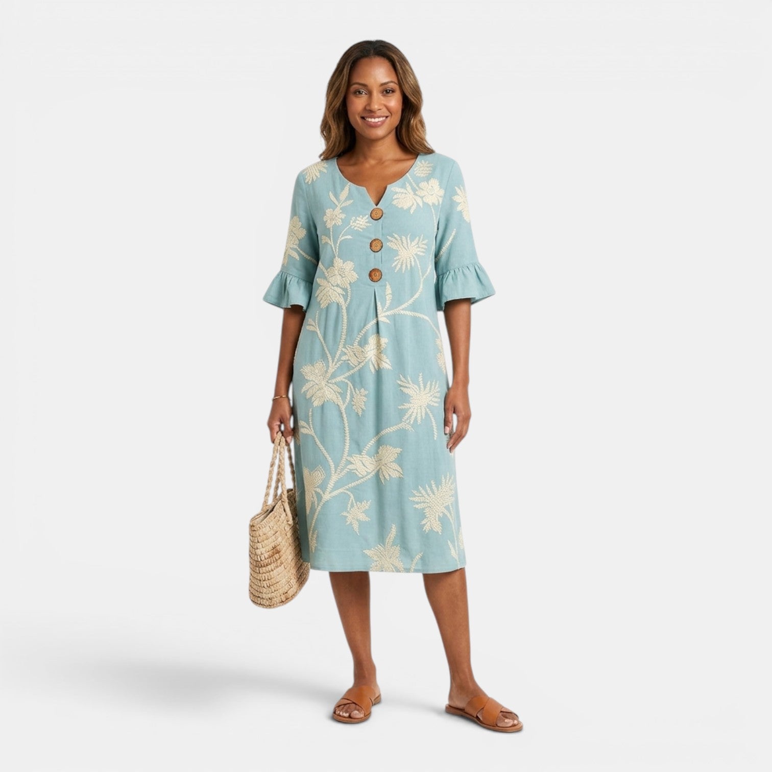 Monvaline | Women’s Holiday Midi Dress – Loose V-Neck Summer Outfit