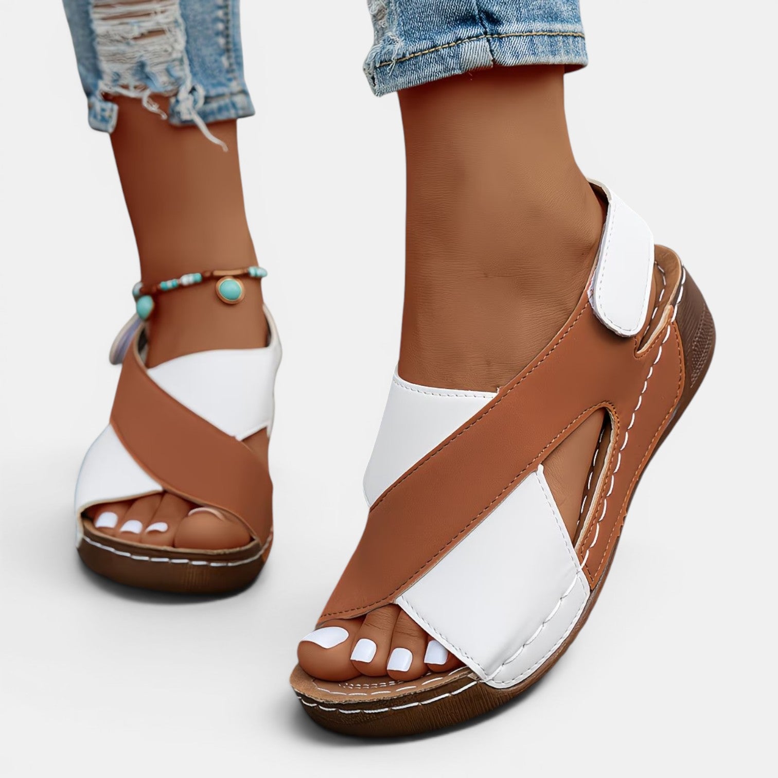 Monvaline | Women’s Leather Wedge Sandals Comfort Fit Open Toe Summer