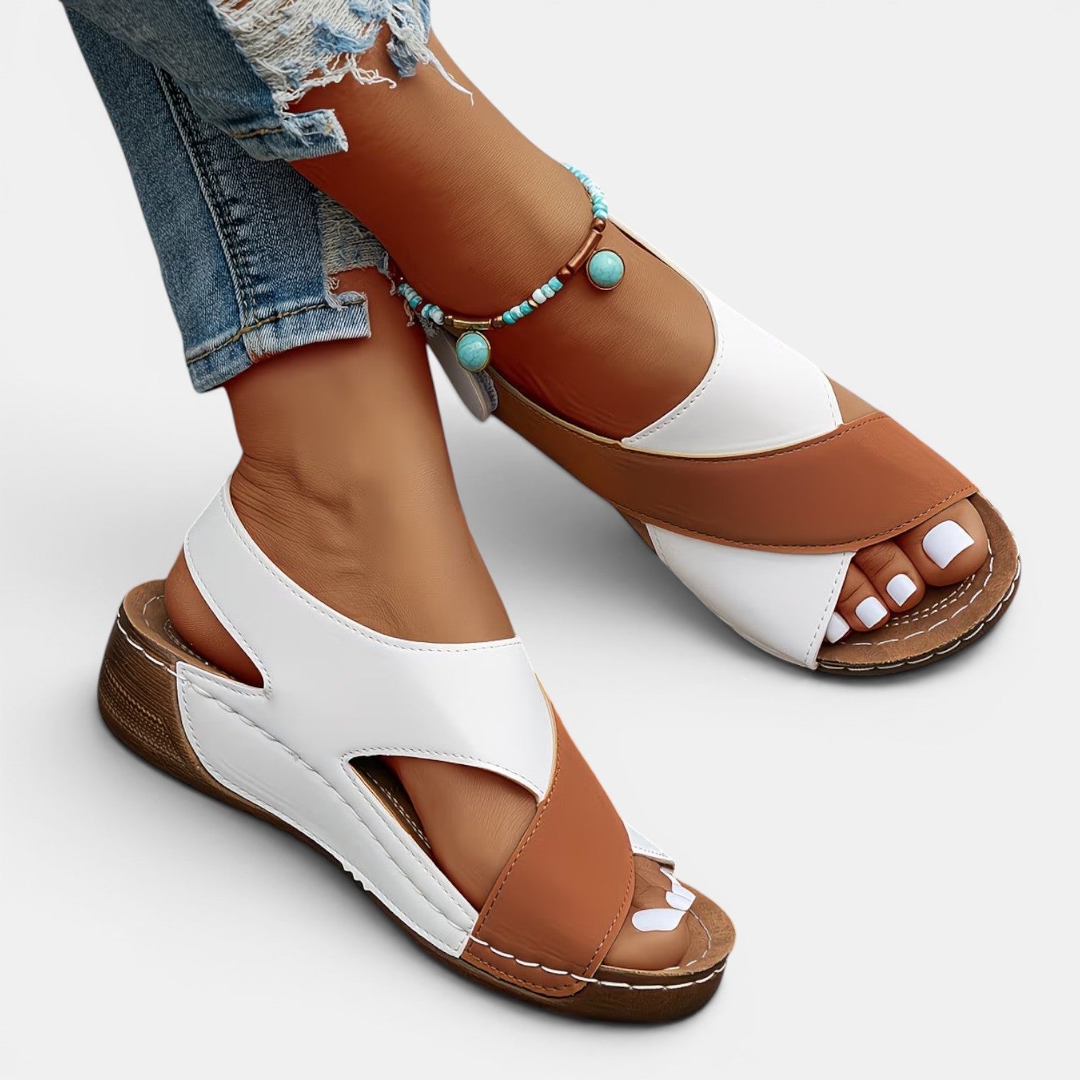 Monvaline | Women’s Leather Wedge Sandals Comfort Fit Open Toe Summer