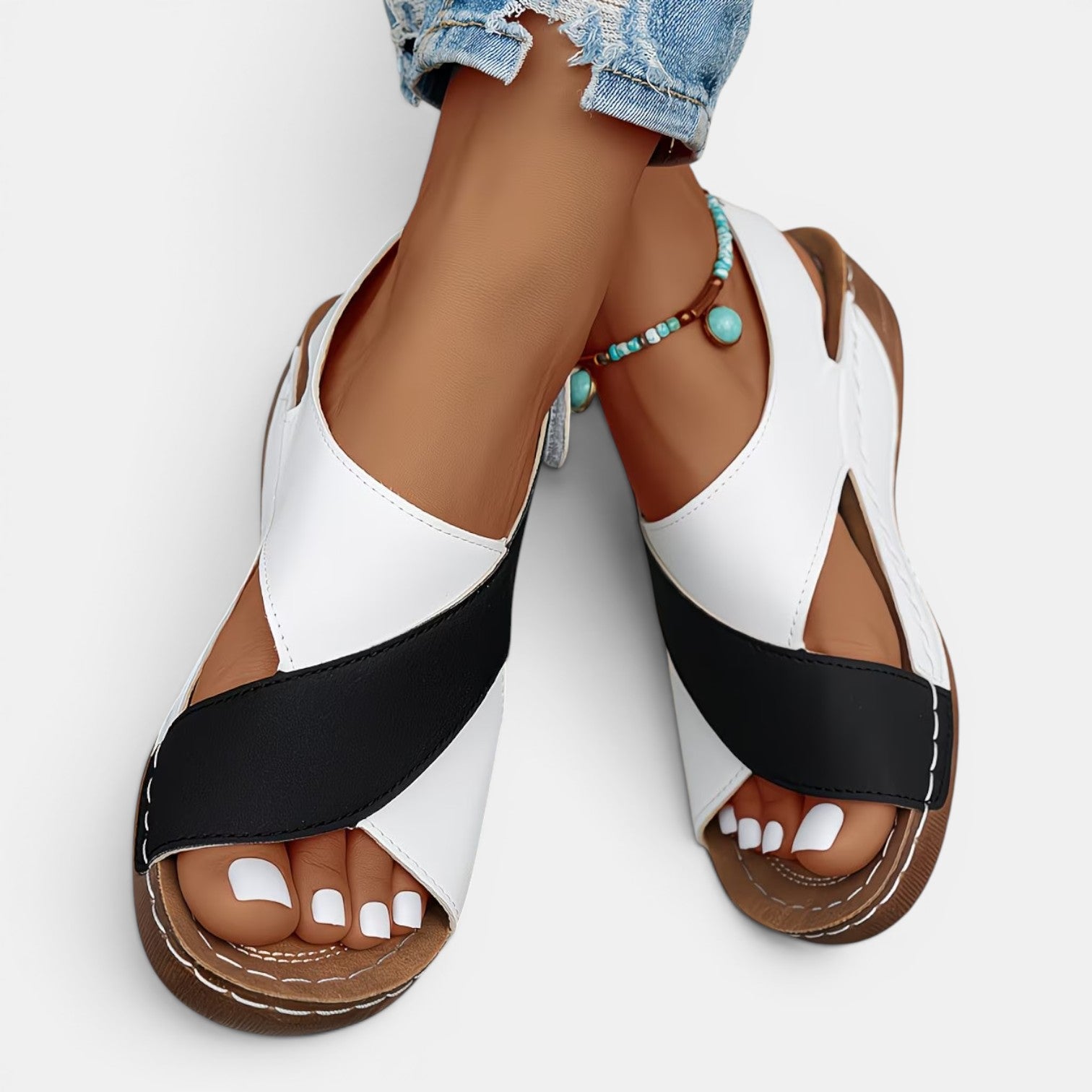 Monvaline | Women’s Leather Wedge Sandals Comfort Fit Open Toe Summer
