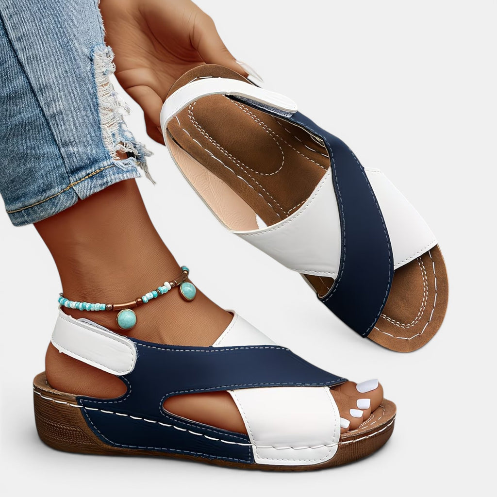 Monvaline | Women’s Leather Wedge Sandals Comfort Fit Open Toe Summer