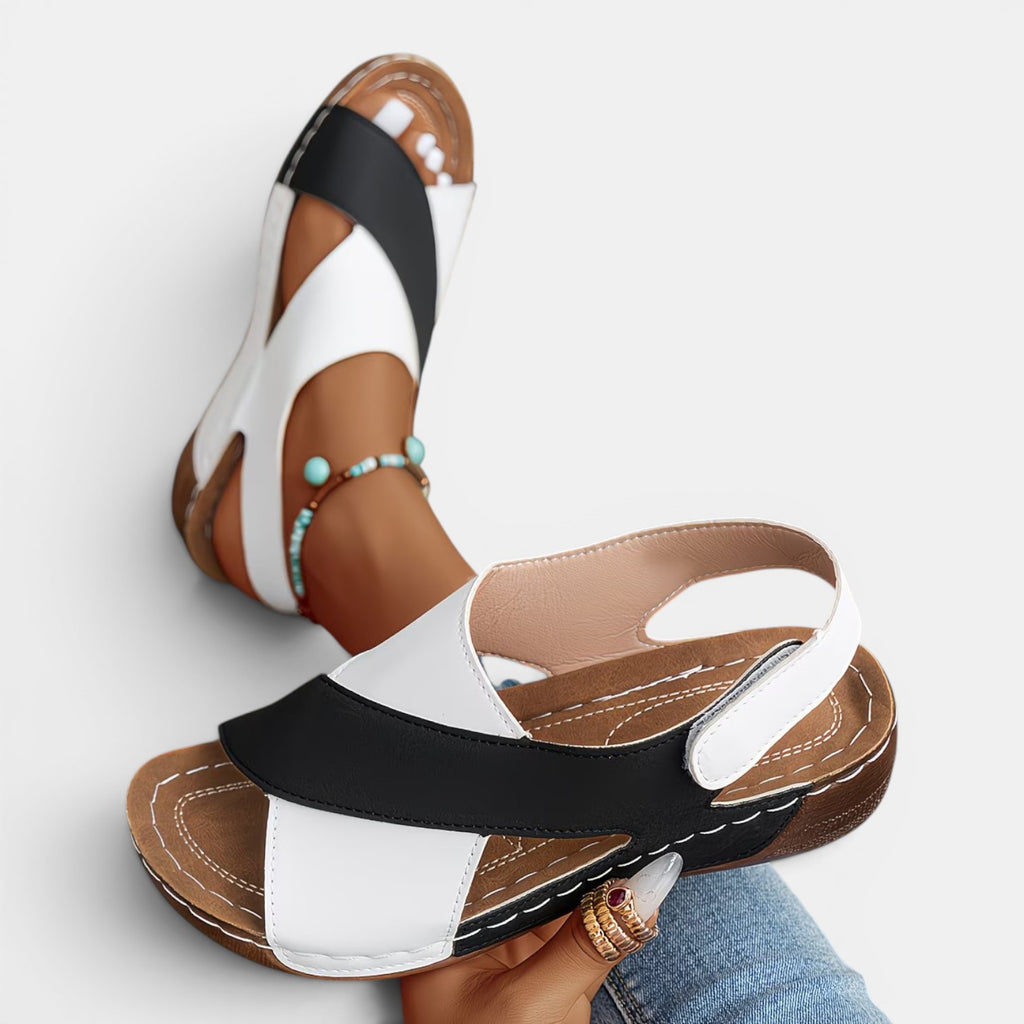 Monvaline | Women’s Leather Wedge Sandals Comfort Fit Open Toe Summer