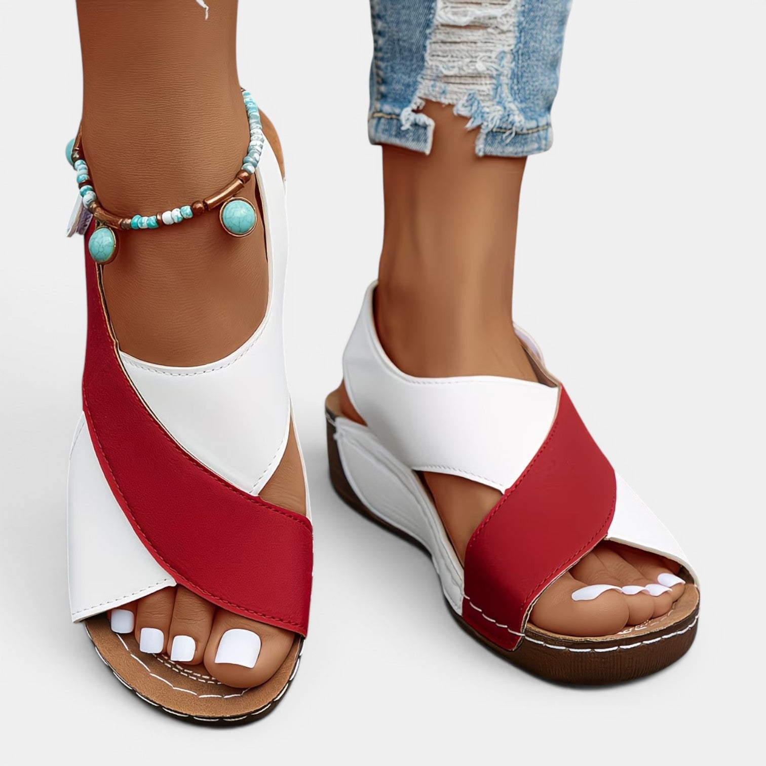 Monvaline | Women’s Leather Wedge Sandals Comfort Fit Open Toe Summer