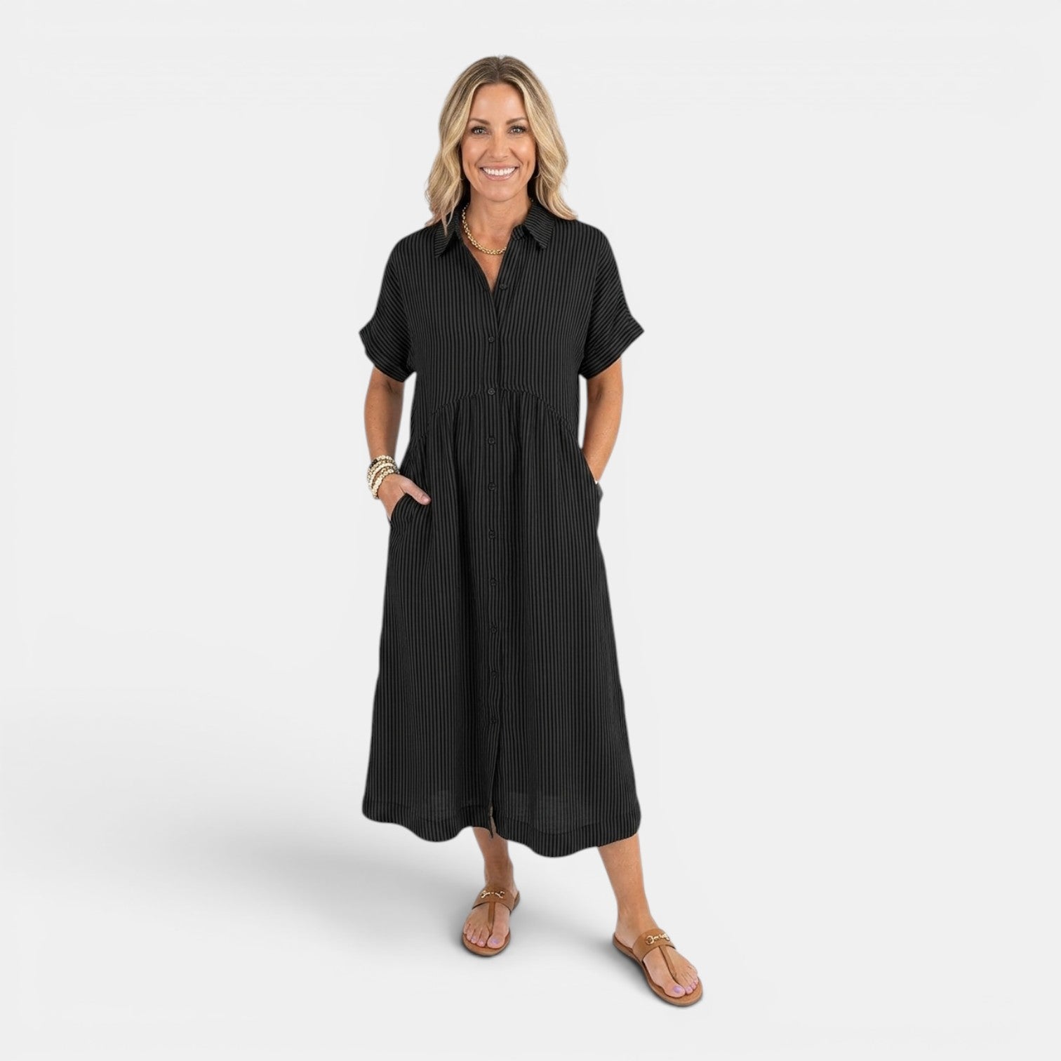 Monvaline | Women’s Linen Summer Dress – Loose Striped Holiday Style