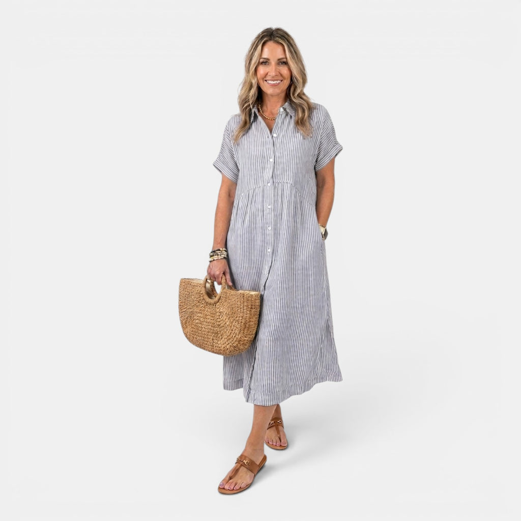 Monvaline | Women’s Linen Summer Dress – Loose Striped Holiday Style