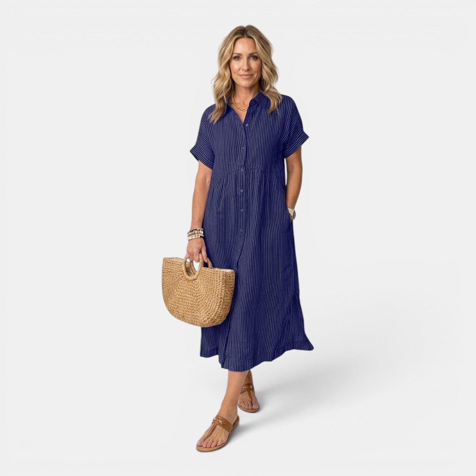 Monvaline | Women’s Linen Summer Dress – Loose Striped Holiday Style