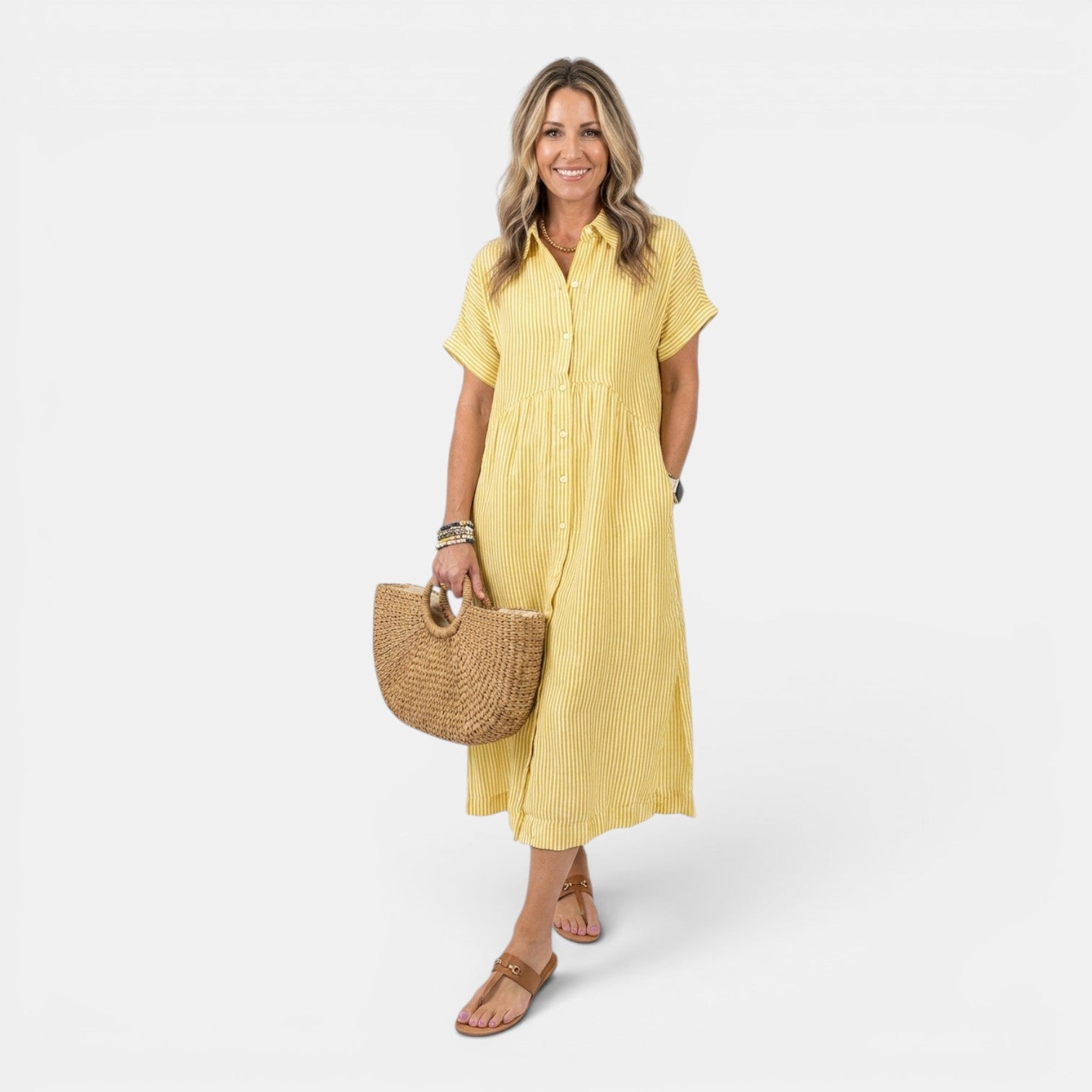 Monvaline | Women’s Linen Summer Dress – Loose Striped Holiday Style