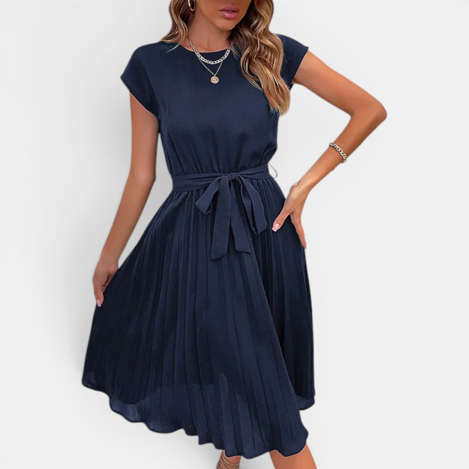 Monvaline | Women’s Pleated Summer Dress – Waist Tie Holiday Midi