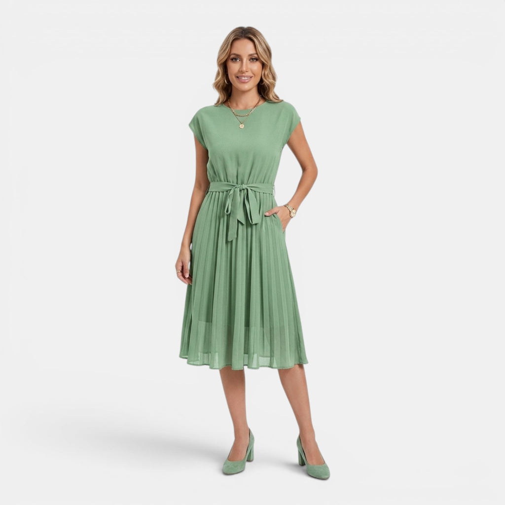 Monvaline | Women’s Pleated Summer Dress – Waist Tie Holiday Midi