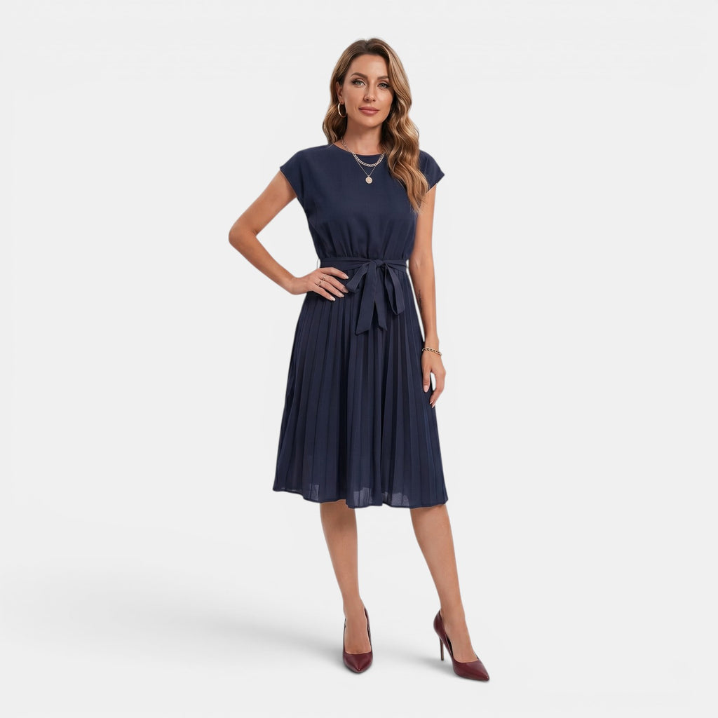 Monvaline | Women’s Pleated Summer Dress – Waist Tie Holiday Midi