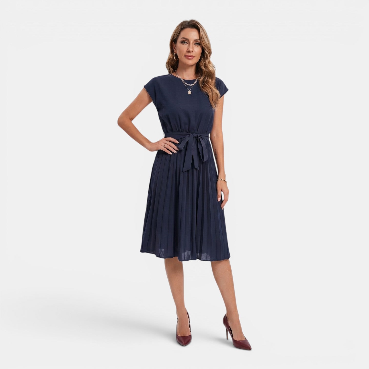 Monvaline | Women’s Pleated Summer Dress – Waist Tie Holiday Midi