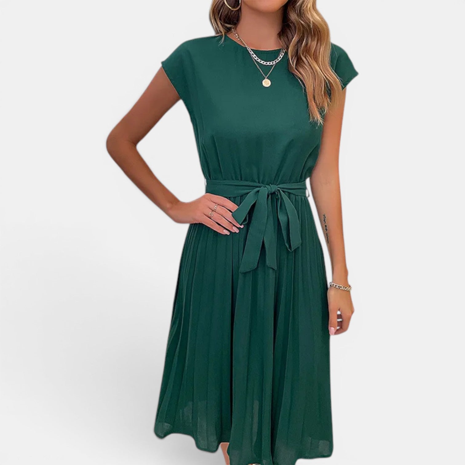 Monvaline | Women’s Pleated Summer Dress – Waist Tie Holiday Midi