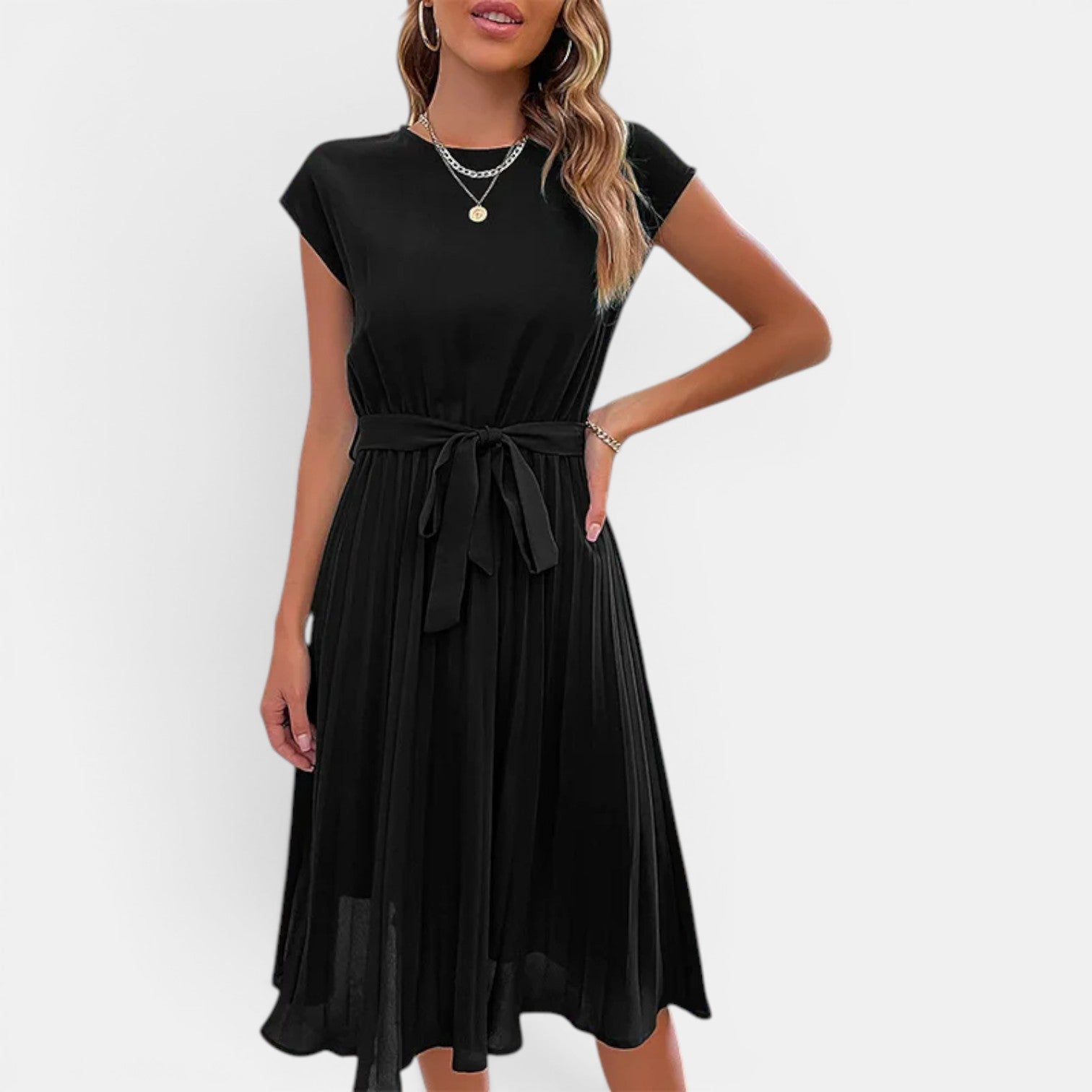 Monvaline | Women’s Pleated Summer Dress – Waist Tie Holiday Midi