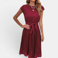 Monvaline | Women’s Pleated Summer Dress – Waist Tie Holiday Midi