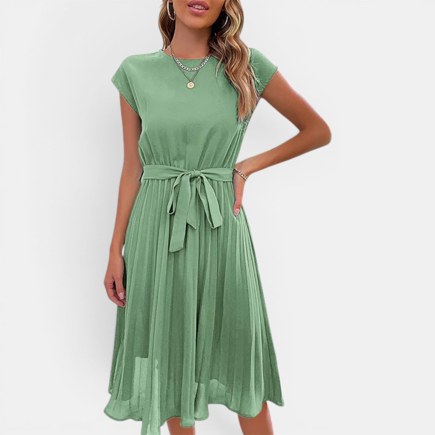Monvaline | Women’s Pleated Summer Dress – Waist Tie Holiday Midi