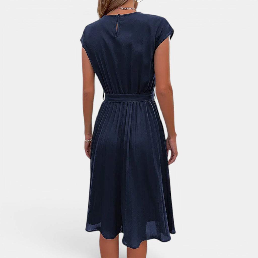 Monvaline | Women’s Pleated Summer Dress – Waist Tie Holiday Midi