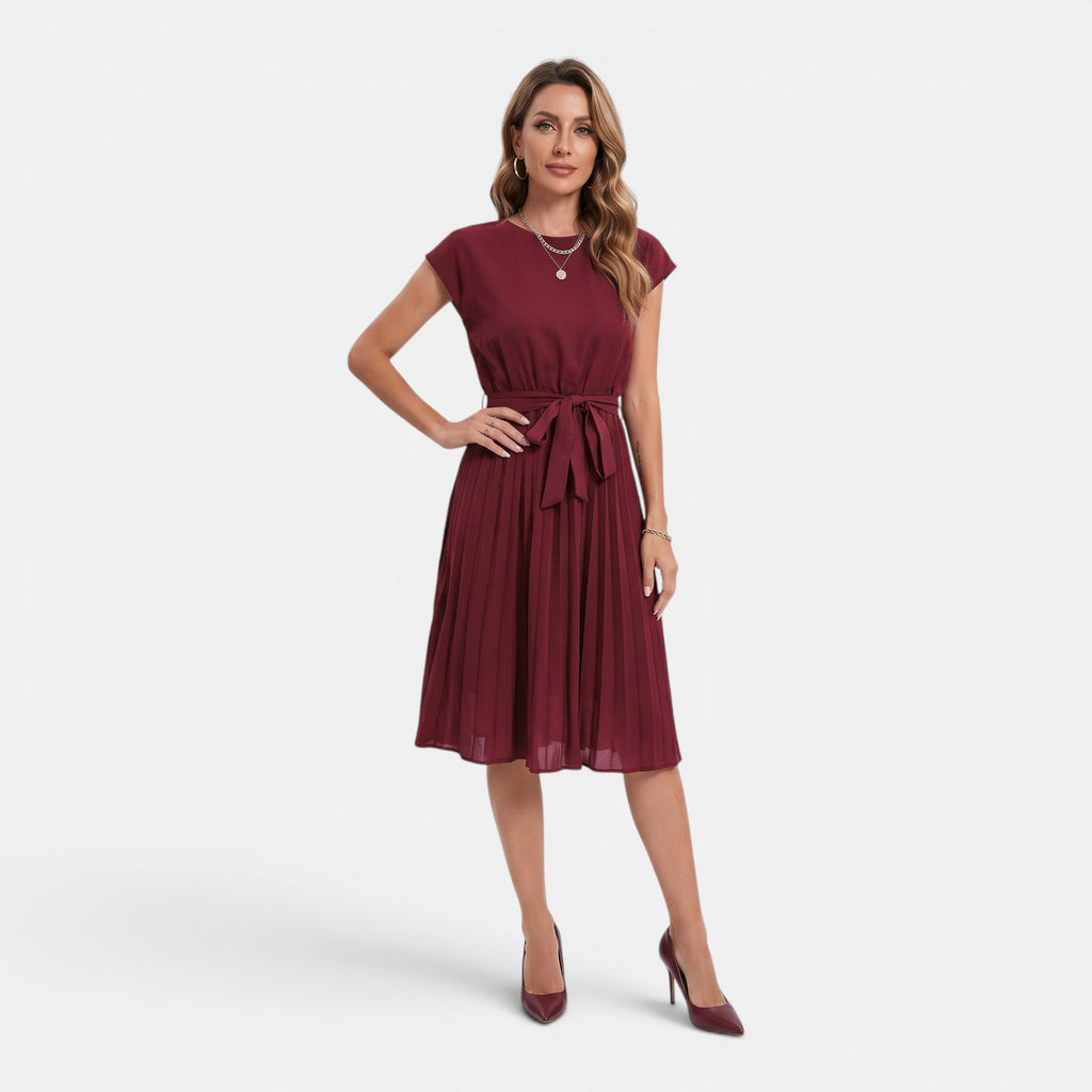 Monvaline | Women’s Pleated Summer Dress – Waist Tie Holiday Midi