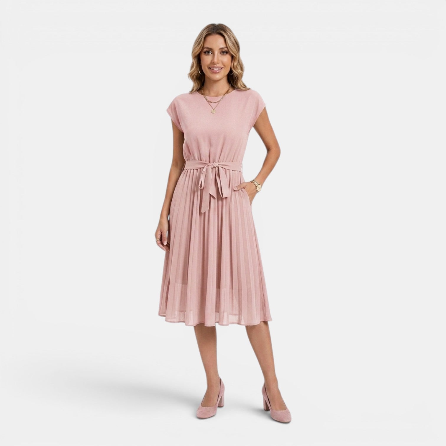 Monvaline | Women’s Pleated Summer Dress – Waist Tie Holiday Midi