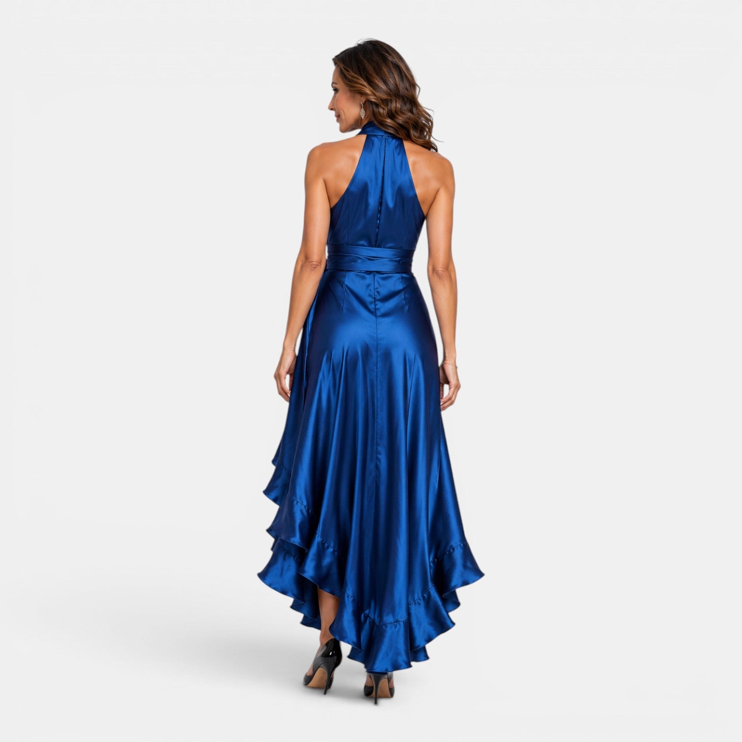 Monvaline | Women's Satin Wedding Guest Dress – Deep V-Neck Midi Style