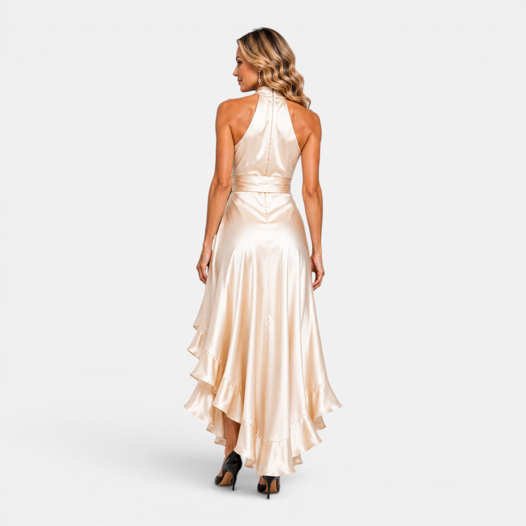 Monvaline | Women's Satin Wedding Guest Dress – Deep V-Neck Midi Style