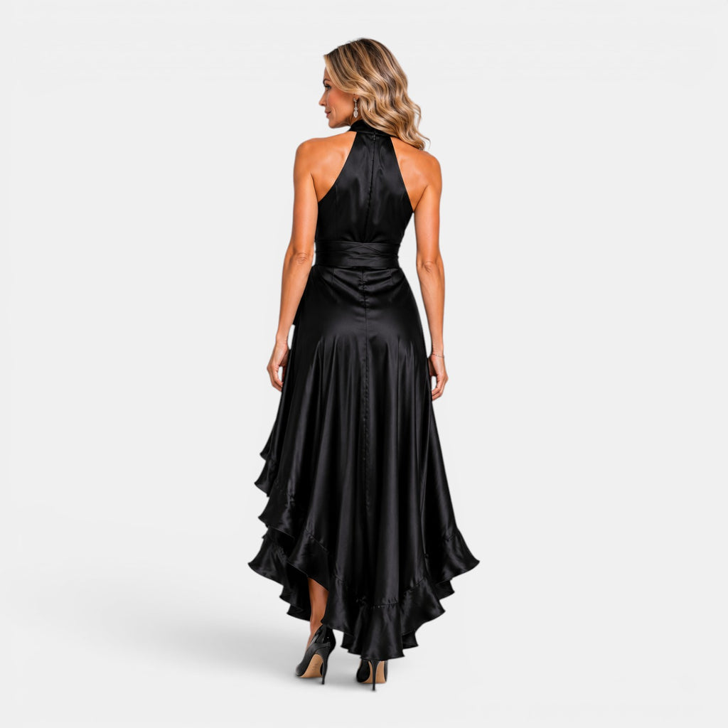 Monvaline | Women's Satin Wedding Guest Dress – Deep V-Neck Midi Style