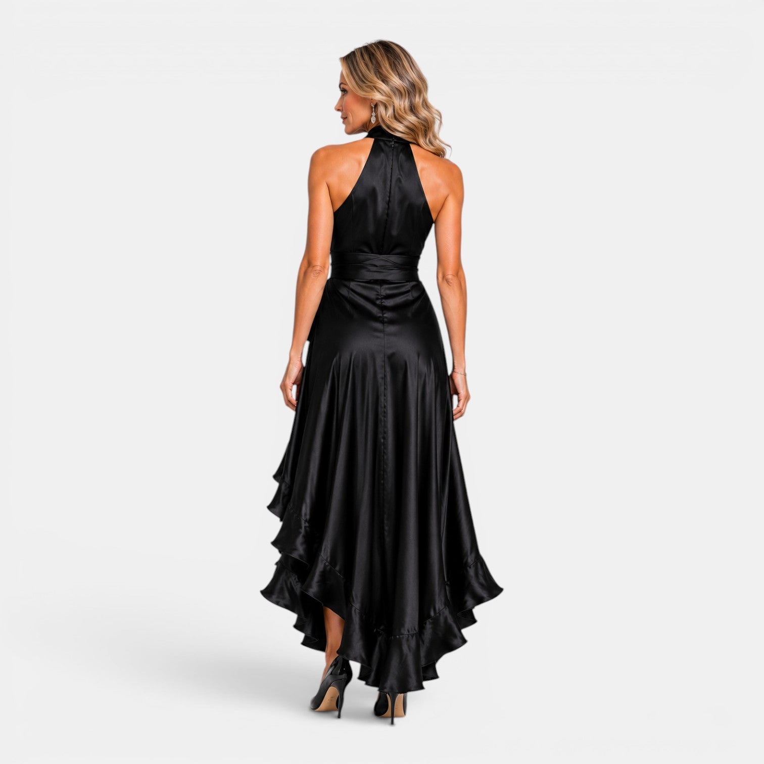 Monvaline | Women's Satin Wedding Guest Dress – Deep V-Neck Midi Style