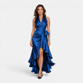 Monvaline | Women's Satin Wedding Guest Dress – Deep V-Neck Midi Style