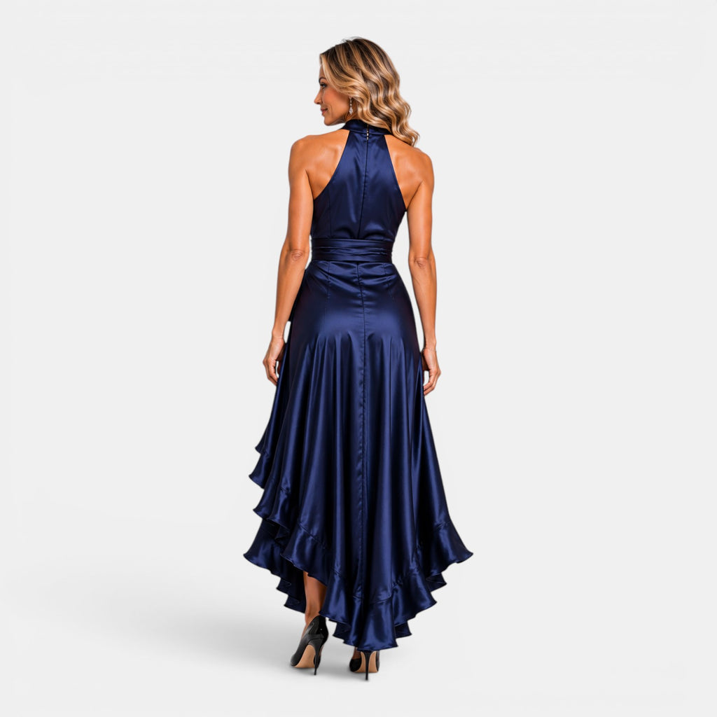 Monvaline | Women's Satin Wedding Guest Dress – Deep V-Neck Midi Style